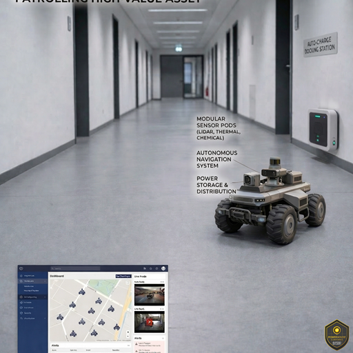 Autonomous security robot patrolling a high-value asset corridor with modular sensor pods, autonomous navigation system, and auto-charge docking station