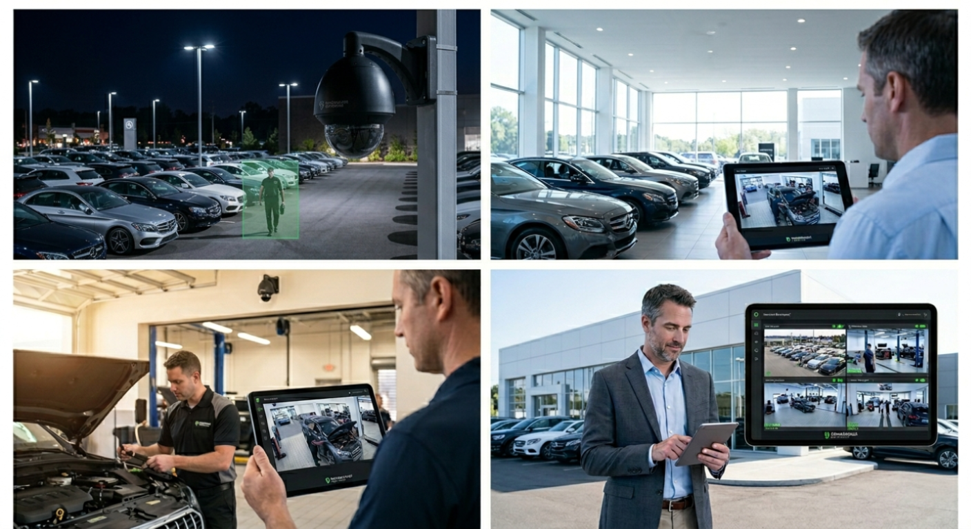 Auto dealership security montage: night lot AI grid, tablet monitoring, service bay, and showroom