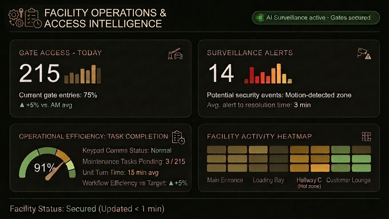 Facility operations and access-intelligence dashboard showing gate entries, surveillance alerts, and an activity heatmap