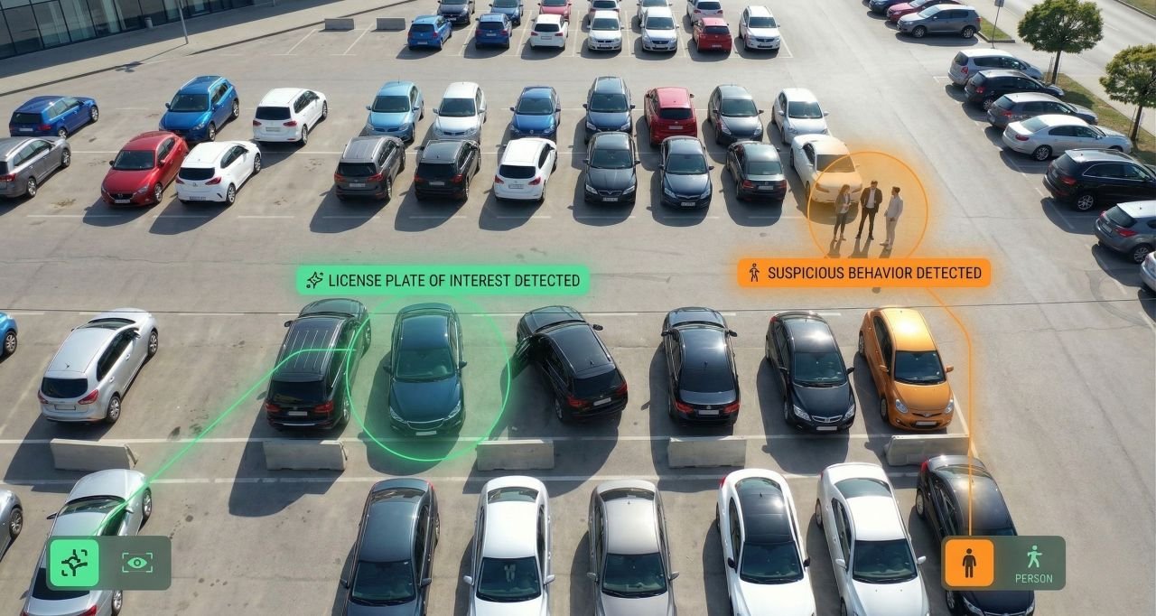 LPR and behavioral detection across a parking lot