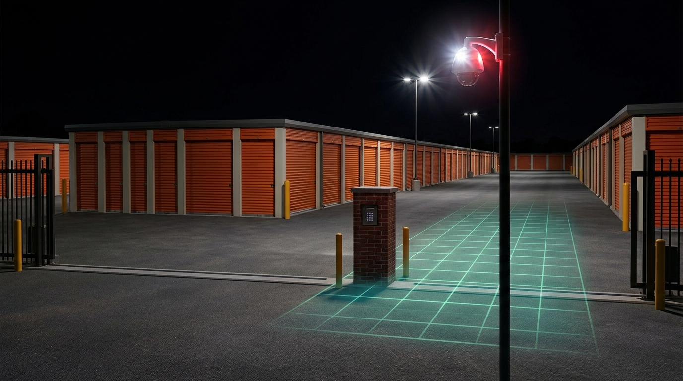 Self-storage facility at night with AI motion-zone analytics on the drive aisle