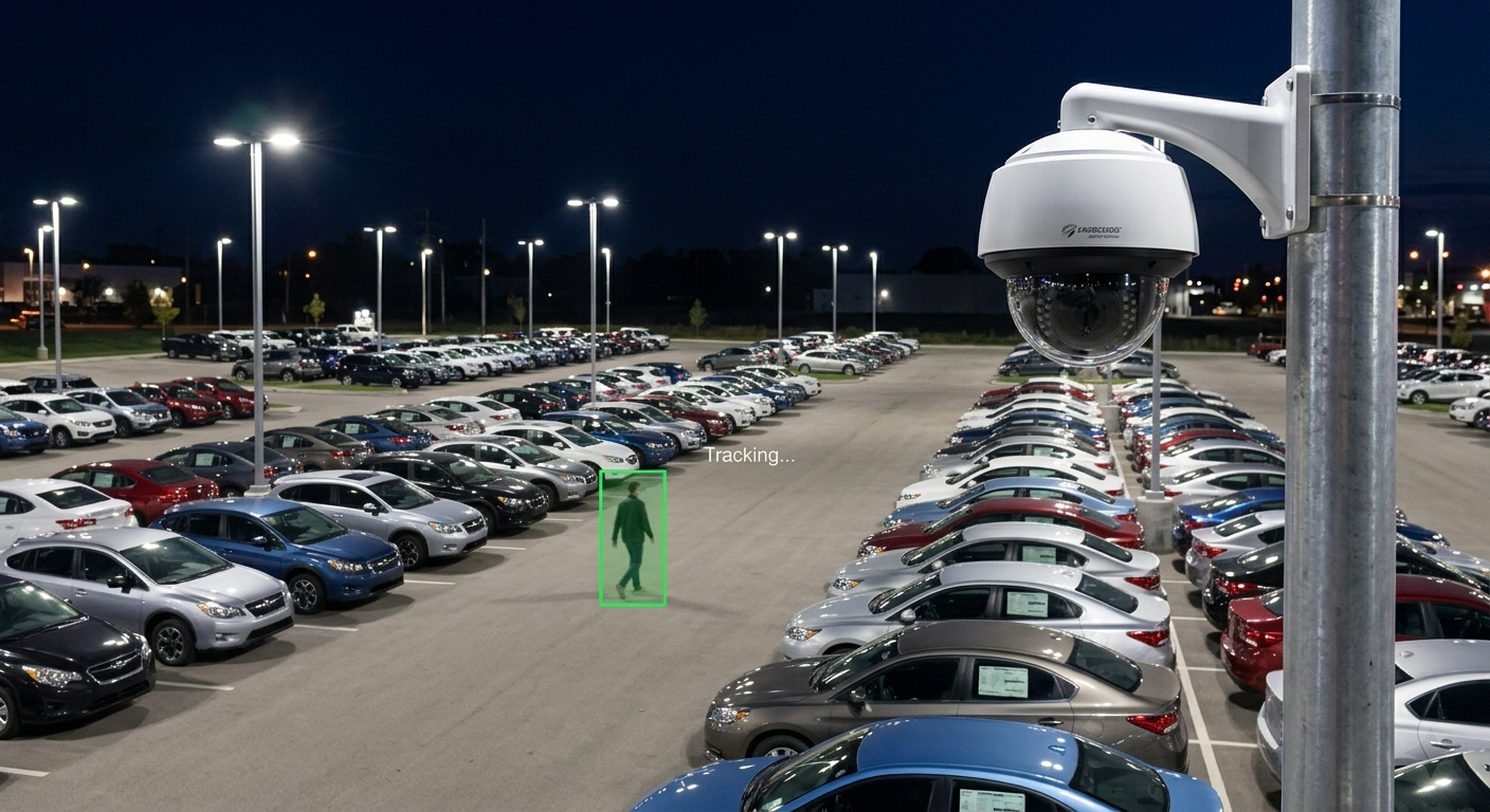 Overnight person tracking across a vehicle lot