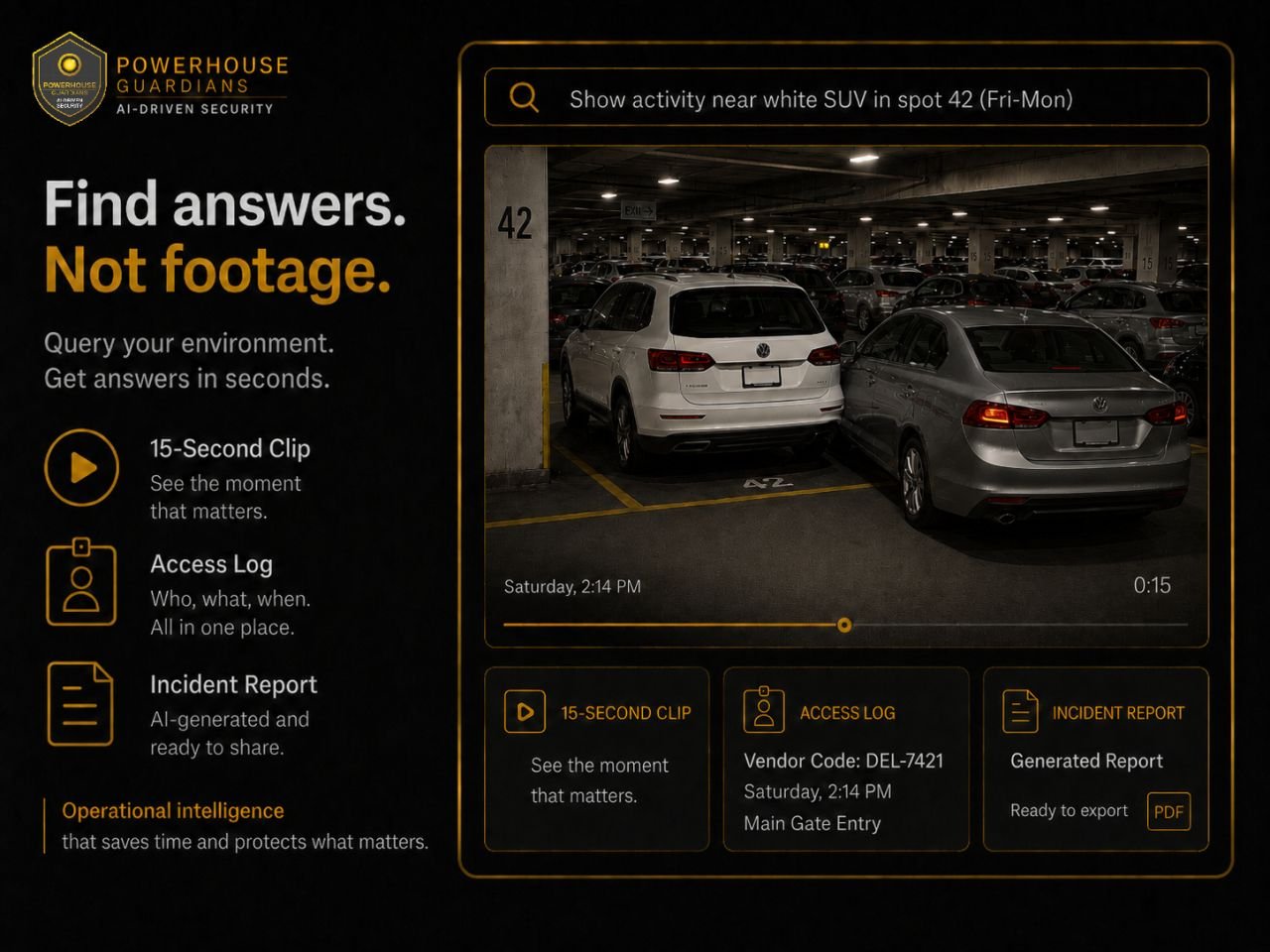 Video search interface reviewing a parking garage incident at a multifamily property
