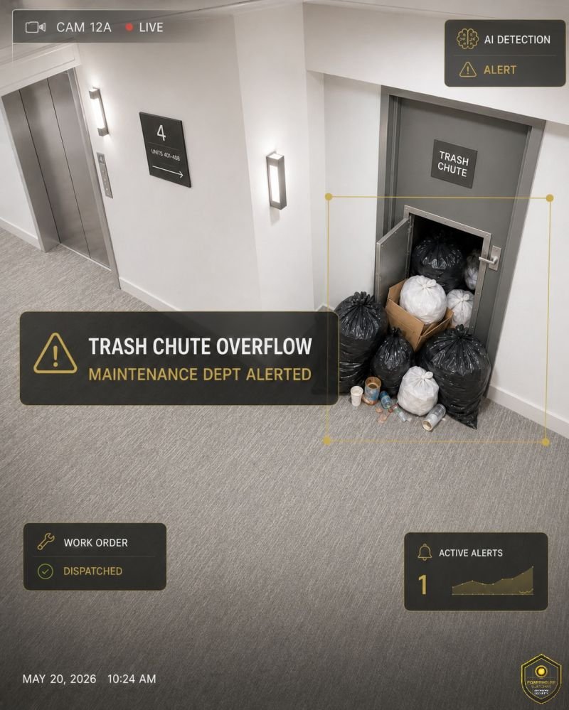 Video analytics alert showing a trash-chute overflow at a multifamily property
