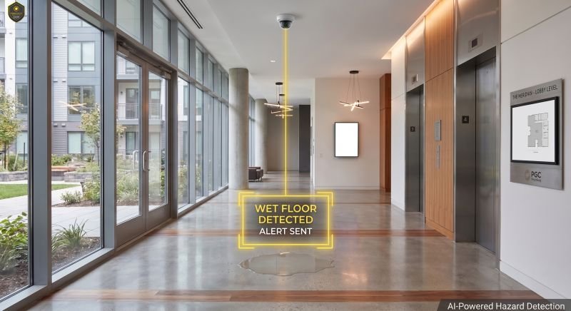 AI video alert highlighting a wet floor in a multifamily common area