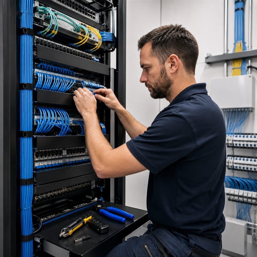 Low-voltage technician organizing structured cabling in a DFW commercial network rack