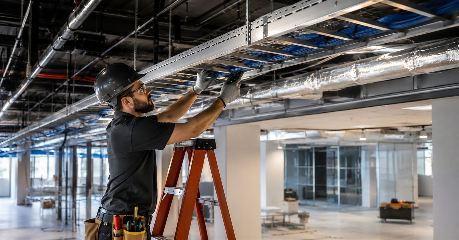 Low-voltage technician installing cable tray infrastructure at a DFW commercial property