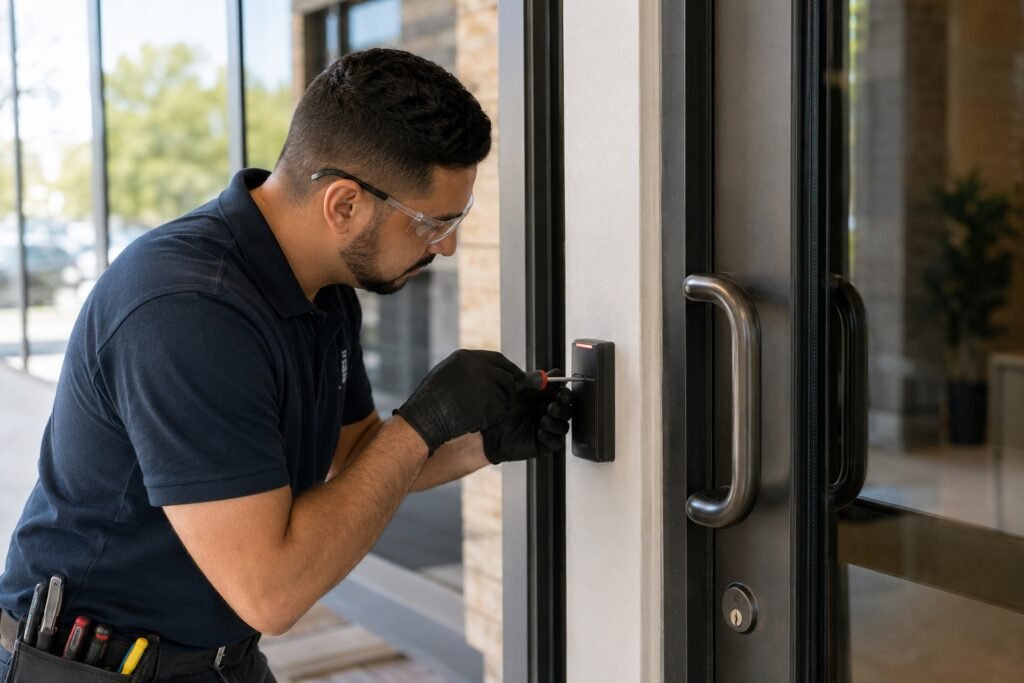 Commercial technician repairing an access control card reader at a DFW business entrance