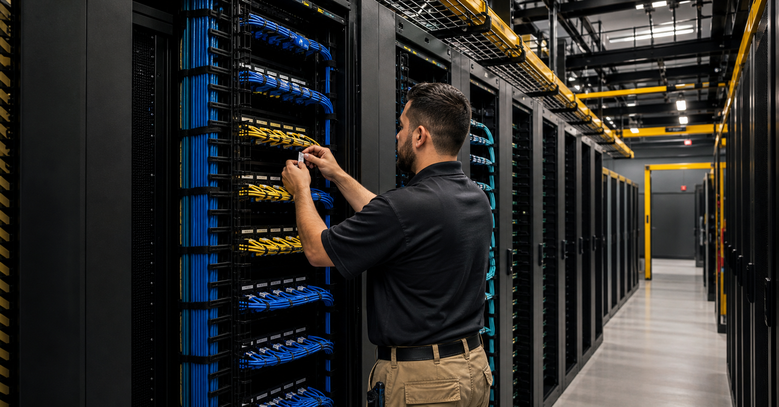 Low-voltage technician organizing structured voice, data, and data center cabling in a DFW commercial facility