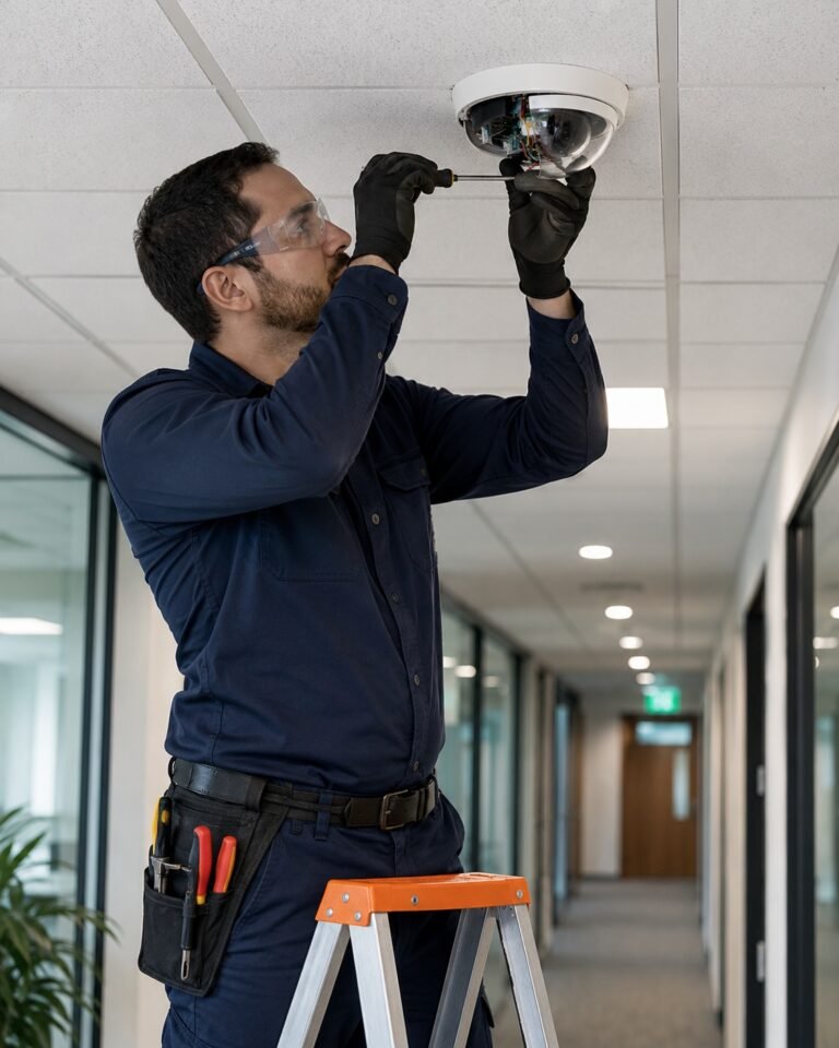 Commercial technician servicing an indoor dome security camera at a Dallas-Fort Worth office