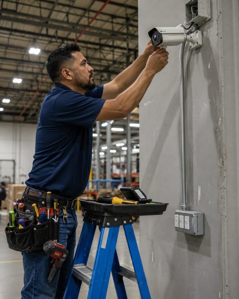 Commercial technician repairing a warehouse security camera in Dallas-Fort Worth